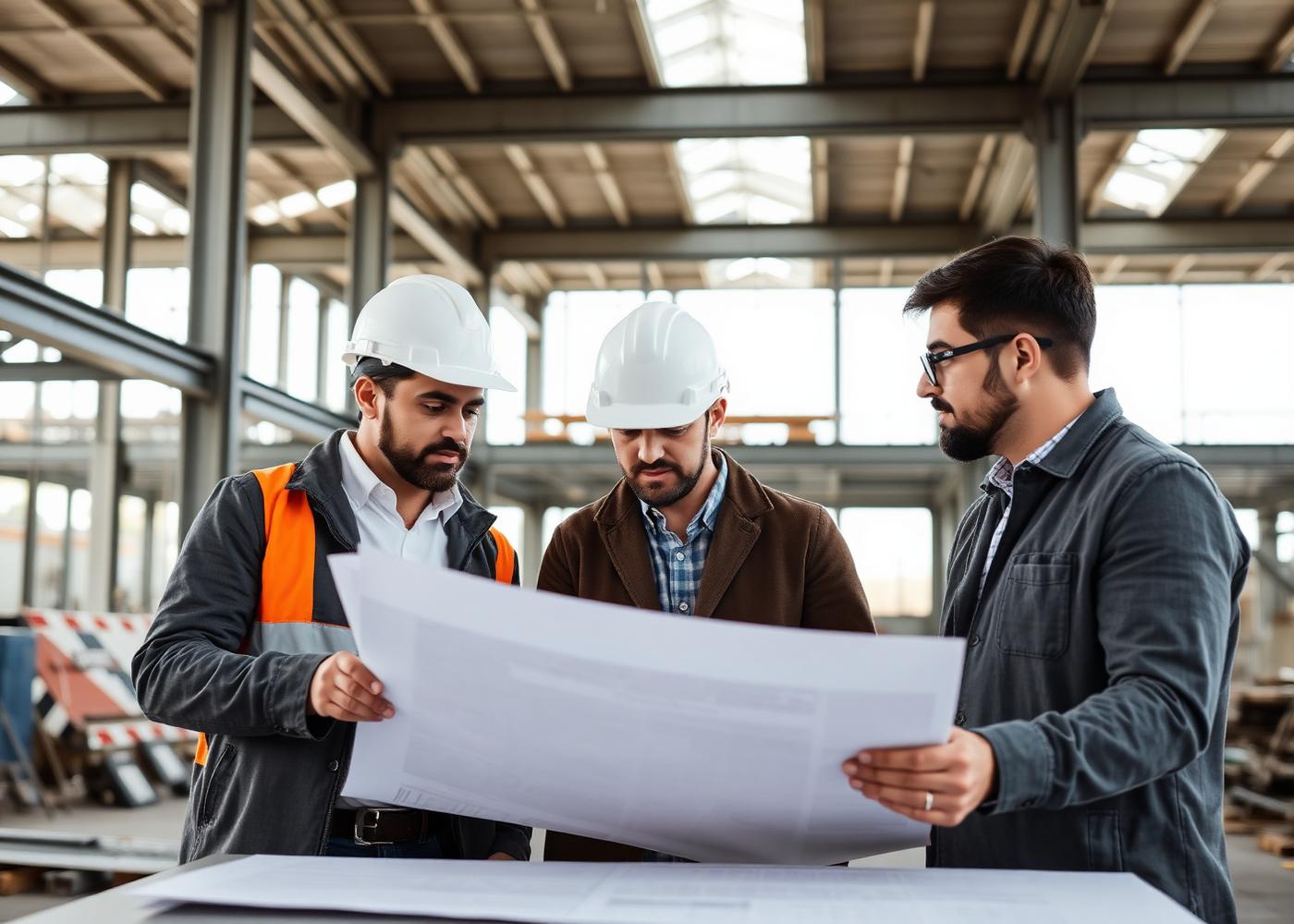 Team reviewing project plans on site